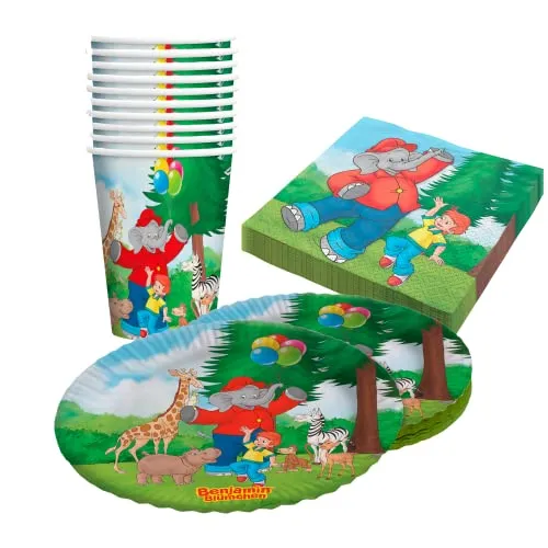 Party Factory `Benjamin Blümchen´ 40-teiliges Party Set mit 10 Bechern 250ml, 10 Tellern Ø 23cm und 20 Servietten 33x33cm, Partygeschirr für Geburtstag und Mottoparty