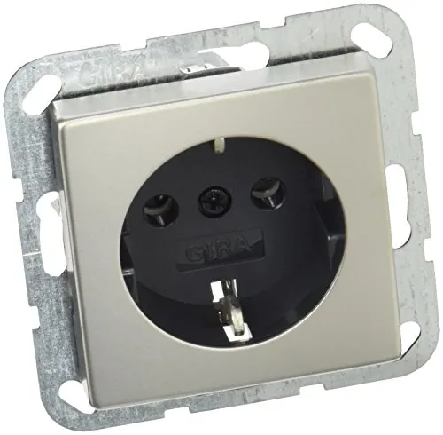 Gira 0188600 Schuko-Steckdose System 55 aus Edelstahl - Schutzkontaktsteckdose mit erhöhtem Anpressdruck des Erdungsbügels, geprüft nach T.N.O., ideal für sichere Stromversorgung in modernen Wohnräumen.