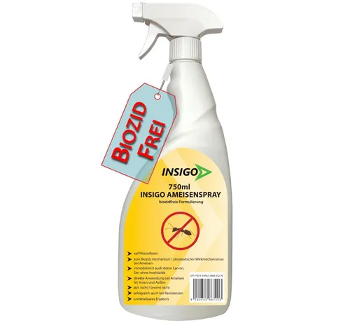 INSIGO Insektenspray Ameisen Spray gegen Ameisen, Larven & Eier, 0.75 l, 750 ml, 1-St., biozidfreie Formel, auf Wasserbasis, geruchsarm, brennt / ätzt nicht
