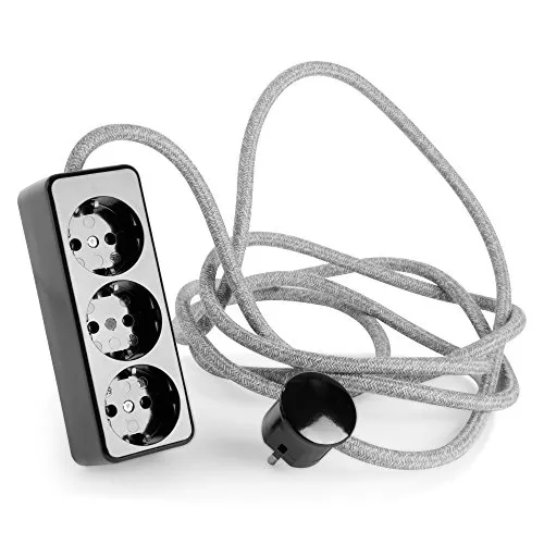 3-Fach Steckdosenleiste aus Duroplast (Bakelit-Optik) schwarz, mit 2.5 Meter Textilkabel Zuleitung, grau-Melange