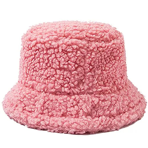 DURINM Appa Hat Damen Fischerhut Winter Appa Bucket Hat Outdoor Wintermütze Lämmer Freizeithut Fluffy Eimer Hut Kunstpelz Flauschige Fischerhüte Faltbar Verdickt Warm Mütze (Rosa)