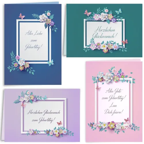 Geburtstagskarten Set mit 12 Klappkarten und Umschlägen Blumen Schmetterlinge