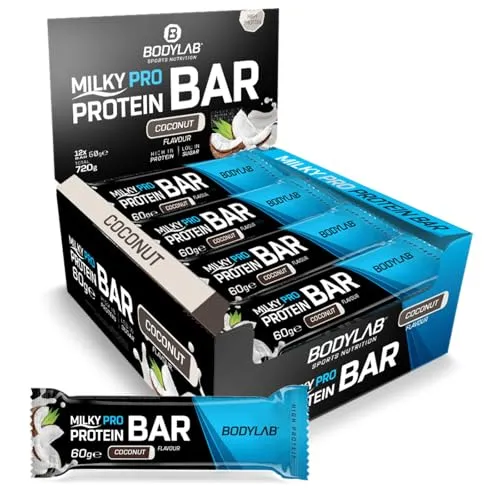 Bodylab24 Milky Pro Protein Bar Kokosnuss - 12 x 60g - Proteinriegel mit bis zu 17g Eiweiß, leckerer Schokoladenüberzug und ideale Snacklösung für unterwegs, ohne künstliche Zusätze.