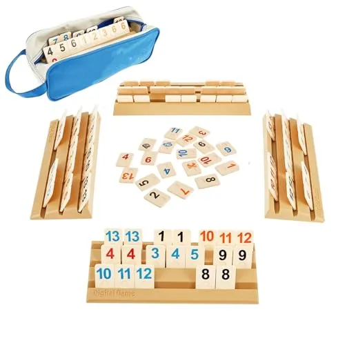KINDLUME Rummy Set für Reisende, Klassisches Legespiel mit 114 Premium Steinen & 4 Halterungen, Kompaktes Gesellschaftsspiel für Erwachsene & Gruppenspiele, Familienspaß (Gelb)