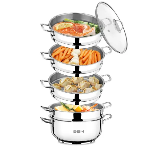 BEM Dampfkocher 6-tlg. 28 cm aus Edelstahl 18/10 - Hochwertiger Dampfkocher für gesunde Zubereitung, Induktion geeignet, mit stapelbaren Einsätzen für schonendes Dampfgaren von Gemüse und Fleisch, Vitamine bleiben erhalten.