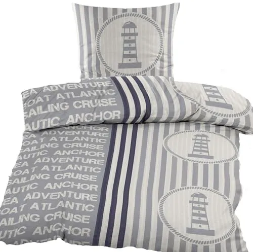 KH-Haushaltshandel 2-TLG. Seersucker Bettwäsche, 135x200 +80x80cm, grau weiß, maritim, Leuchturm, bügelfrei (60392)