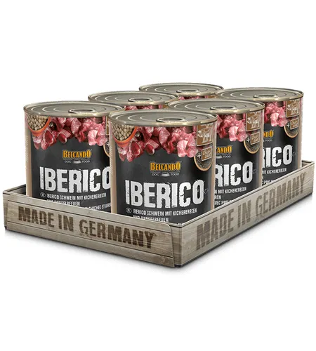 BELCANDO® Iberico Schwein mit Kichererbsen und Preiselbeeren 6x 800g - Hundefutter - Hochwertiges Nassfutter mit stückigem Iberico Schwein, Kichererbsen und Preiselbeeren, reich an ungesättigten Fettsäuren und ohne künstliche Zusätze.