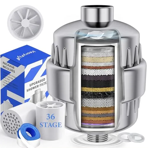 Produktbild Veoryfly 36 Stufen Duschfilter mit Lüfterblättern, Vitamin C E Kalkfilter Dusche mit 2 Filterpatrone zur Entfernung von Fluorid und Chlor, verbessert den Zustand Ihrer Haut, Haare und Nägel drastisch