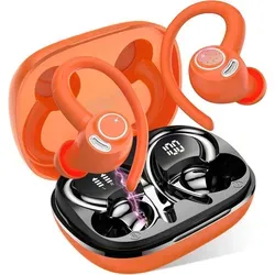 Bluetooth 5.3 Sport Kopfhörer mit Ohrbügel, 40H Spielzeit, HD Mikrofon, Dual LED Display, IP7 Wasserschutz, Komfort In-Ear Headset - Orange
