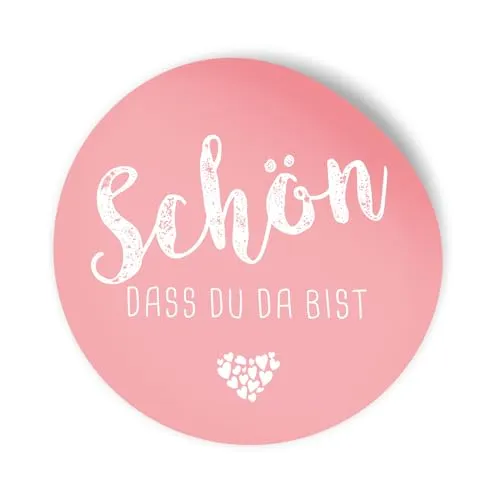 itenga 24x Sticker Schön dass du da bist Aufkleber rund 4cm selbstklebend - Sticker ideal für Gastgeschenk (rosa)