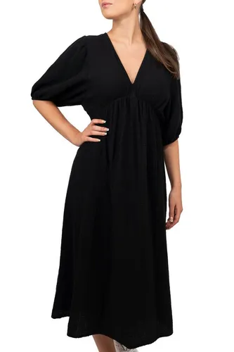 Reichstadt Sommerkleid Damen Musselin mit Puffärmel und Rückenschleife in Schwarz - Feminines Sommerkleid aus 100% Baumwolle mit atmungsaktivem Musselin. Ideal für warme Tage, bequem und stylish, mit Puffärmeln und Rückenschleife für einen besonderen Look.