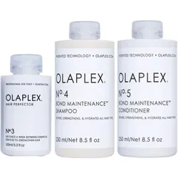 Olaplex Set - Hair Perfector No. 3 + Shampoo No. 4 + Conditioner No. 5 - Shampoos Set für stärkende und reparierende Haarpflege vor & nach dem Friseurbesuch. Enthält Hair Perfector No. 3 für nachhaltige Pflege und optimale Vorbereitung auf das Färben.