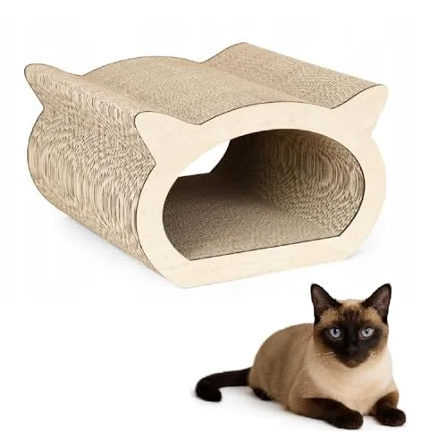 QLS Katzenmöbel aus Wellpappe – 37×36×23 cm – Kratzbrett, Katzenhöhle, Liegeplatz mit Katzenspielzeug & Katzenminze (Beige)