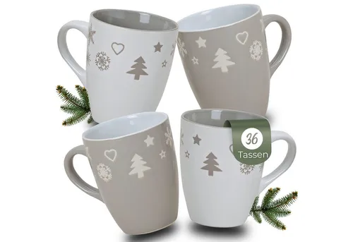 matches21 HOME & HOBBY Tasse Weihnachtstassen 36 Stk. Karton Weihnachtsdekor in grau weiß, 36-tlg., Keramik, Schöne 300 ml Keramik Kaffee-Tassen Hygge Weihnachtsmotive
