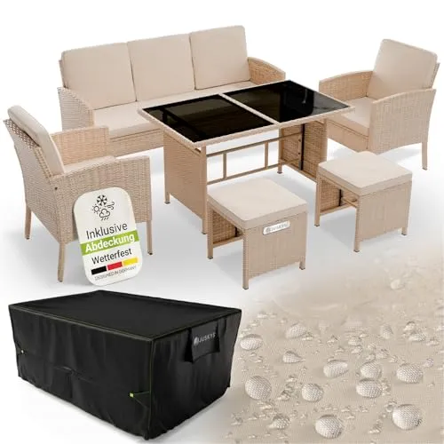 Juskys Polyrattan Gartenmöbel Sitzgruppe Turin 6-teilig mit Abdeckung - Moderne Polyrattan Sitzgruppe für 7 Personen in Creme/Sand, ideal für Balkon und Terrasse. Mit bequemen Kissen und schützender Abdeckung, perfekt für entspannte Stunden im Freien.