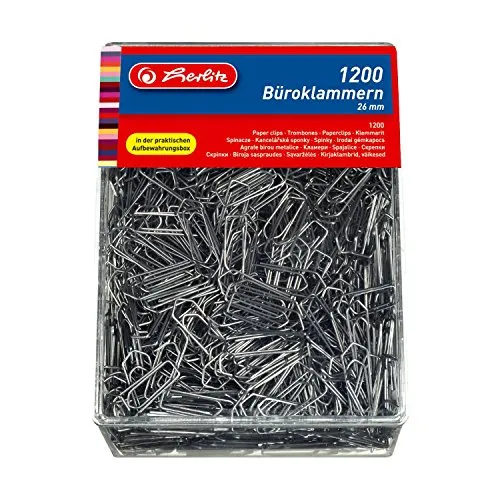 Herlitz 10411007 Büroklammer Brief-, Aktenklammer 26mm verzinkt 1.200er Transparentbox (1, 26mm)