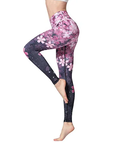 HAPYWER Yoga Leggings Damen High Waist Yogahose Bunt Gym Sport Leggings Tummy Control Running Workout - Stretch Kompressionshose mit Aufdruck für Frauen(Kirschblüte,S)