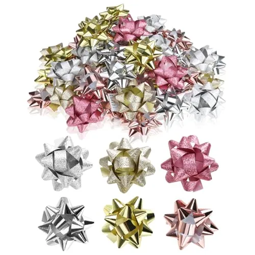 Wilhelm Sell® 60x Geschenkschleife selbstklebend - 5 x 2 cm Bunte Schleifen für Geschenke - dekorative Fertigschleifen für Weihnachten, Geburtstage und Hochzeiten (silberfarben/goldfarben/rosé)