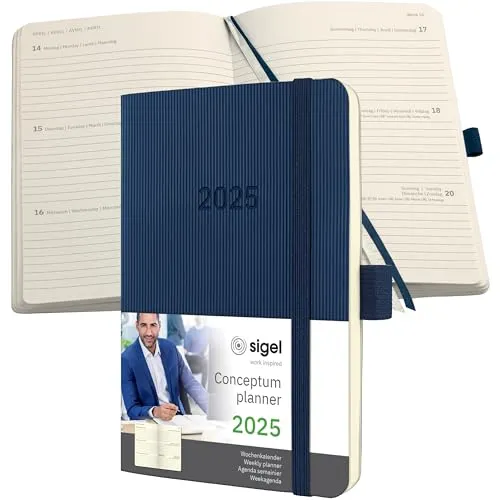SIGEL C2533 Wochenplaner Wochenkalender 2025, ca. A6, dunkelblau, Softcover, 176 Seiten, Gummiband, Stiftschlaufe, Archivtasche, aus nachhaltigem Papier, Conceptum