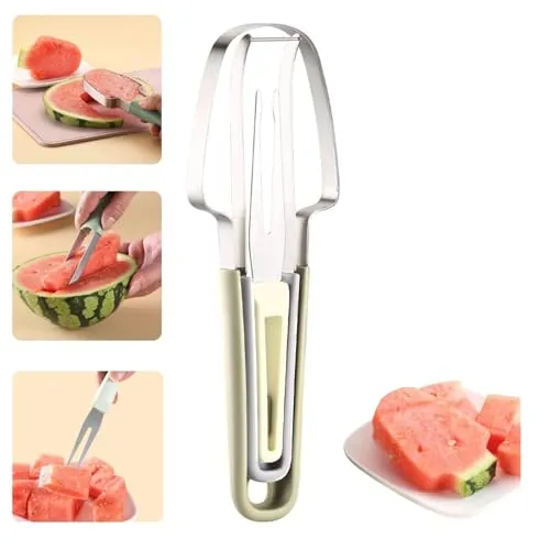3-in-1 Obstschneider Edelstahl, Wassermelonen Schneider, Obstgabeln Schneidemesser, Sommer Fruchtschneidegabel, Doppelkopf Obstgabeln Schneidemesser mit rundem Griff Beige