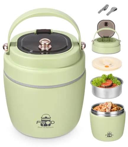 Thermobehälter für Essen 1.2L, Edelstahl Warmhaltebehälter , Auslaufsichere Thermo Lunchbox mit Klapplöffel und Klappgabel,Thermo Lunchbox für Suppe, Porridge, Kinder, Erwachsene, Büro, Schule, Grün