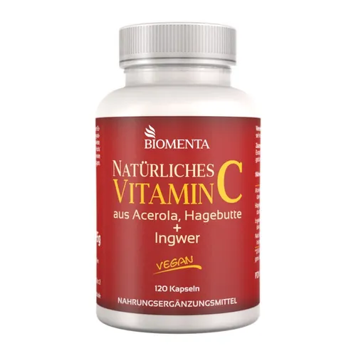 [105,16€/1kg] Natürliches Vitamin C-Acerola-Hagebutte-Ingwer-BIOMENTA-120 St.