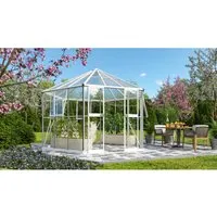 Vitavia Gewächshaus Galaxis 9000 ESG/HKP Weiß 336x383 cm - Garten-Zubehör mit elegantem Pavillondach und viel Platz für hohe Pflanzen. Bodentiefe Doppelschiebetüren und hochwertige Verglasung für optimale Belüftung und Lichtschutz.