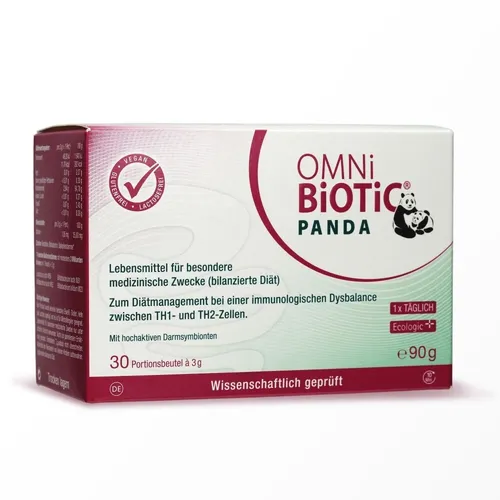 Omni Biotic Panda Pulver 90 g - Probiotische Unterstützung für Schwangere und Babys - Bakterienkulturen zur Förderung der Darmgesundheit mit 3 Milliarden Bakterien aus 4 Stämmen pro Beutel, ideal für Schwangerschaft und das erste Lebensjahr.