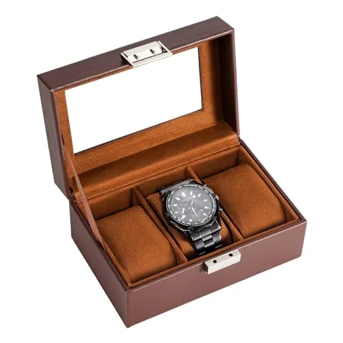 ProCase Uhrenbox mit 3 Fächern, Uhrenkasten mit Glasdeckel, Uhrenkoffer mit Uhrenkissen, Uhrenaufbewahrung, Premium-Uhrenschatulle, PU-Leder Uhrenkasten, Watch Box für Herren - 3 Fächer, Braun