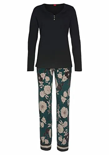 S.OLIVER Damen Pyjama 32/34 - Eleganter Pyjama in schwarz-dunkelgrün mit geblümtem Design. Hergestellt aus angenehmem Baumwoll-Viskose-Mix, ideal für gemütliche Nächte. Perfekte Homewear für entspannte Stunden.