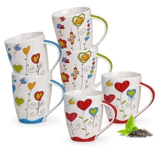 matches21 HOME & HOBBY Tasse 6er Set - Blumen Herzen Design - 6-teiliges Porzellan Tassen Set, mikrowellengeeignet und spülmaschinenfest, ideal für gemütliche Kaffeepausen im Frühling und Sommer.
