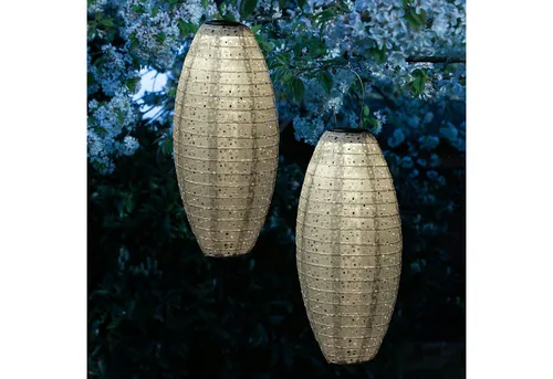 MARELIDA LED Lampion Solar Gartenlampions oval Blumenmuster beige 40cm - 2er Set - Beige LED Solar Lampions in Ovalform mit Blumenmuster, warmweißem Licht und Dämmerungssensor. Ideal für romantische Abende im Garten oder auf der Terrasse, ganz ohne Stromanschluss!