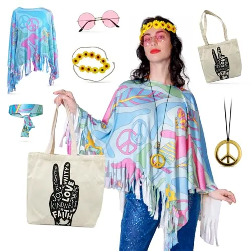 Festicy Hippie Kostüm Damen Edition 2026 mit Poncho Karneval One Size Set I Hippie Accessoires Stirnband mit Sonnenblumen, Hippie Kleidung Damen, Tasche und mehr, Faschingskostüm Hippie