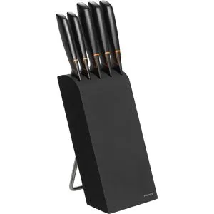 Fiskars Design-Messerblock mit 5 Messern - Küchenmesser-Set aus Birkenholz mit 5 rostfreien Messern, sicherer Aufbewahrung und einfacher Reinigung dank Antihaftbeschichtung.