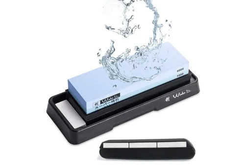 Wakoli Schleifstein 1000er und 6000er Körnung DELUXE – Beidseitig mit Schleifhilfe - Messerschärfer für mühelose Schärfe, ideal für Damastklingen und Edelstahlmesser. Die Schleifhilfe sorgt für den perfekten Winkel von 15° und garantiert beeindruckende Schneidergebnisse.