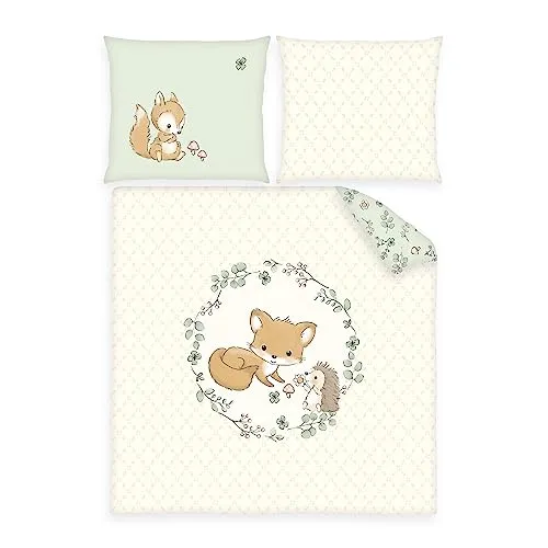 Herding Babybettwäsche Fuchs Pilz Igel 80x80, 2-teilig - Bettwäsche-Set aus 100% Baumwolle, mit niedlichem Waldtier-Motiv, ideal für ein gemütliches Babyzimmer.