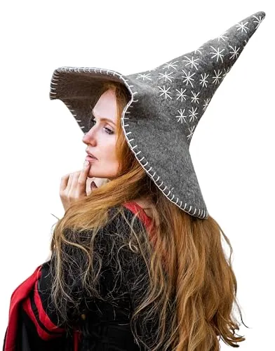 Leonardo Carbone® Hexenhut Star - Hexenkostüm, Mittelalter Kleidung Kopfbedeckung, Halloween Kostüm Damen, Witcher Hat, Zauberer Hut, LARP-Kleidung, Karneval, Cosplay - 100% Wolle Grau