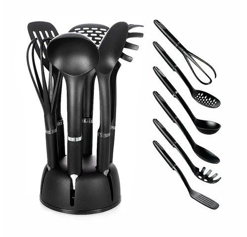 BEM Kochbesteck-Set Küchenhelfer 6-tlg. Set mit drehbarem Standhalter (Küchenset mit Pfannenwender Suppenkelle Spaghettilöffel, Nudellöffel Schneebesen Servierlöffel), BPA frei Hitzebeständigkeit bis zu 190°C