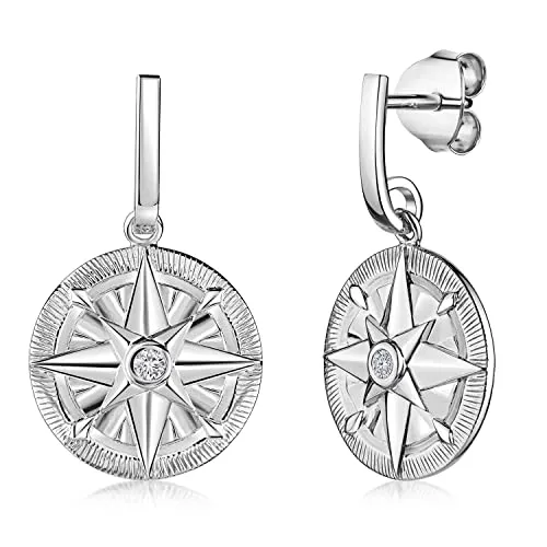MATERIA Kompass Ohrringe Silber 925 mit Zirkonia - Ohrringe für Damen aus 925 Sterling Silber, rhodiniert und anlaufgeschützt. Besetzt mit funkelndem Zirkonia im Kompass-Design, ideal für stilvolle Akzente.