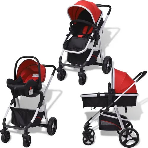 vidaXL 3-in-1 Kinderwagen Aluminium Rot und Schwarz in rot von vidaXL