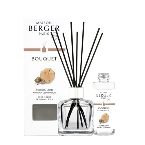 Maison Berger Zedernholz aus dem Libanon Raumduft Diffuser Bouquet aus Klarglas – 6 Schwarze Duftstäbchen mit 100 ml Duft-Nachfüllflasche – Französische Parfümkunst