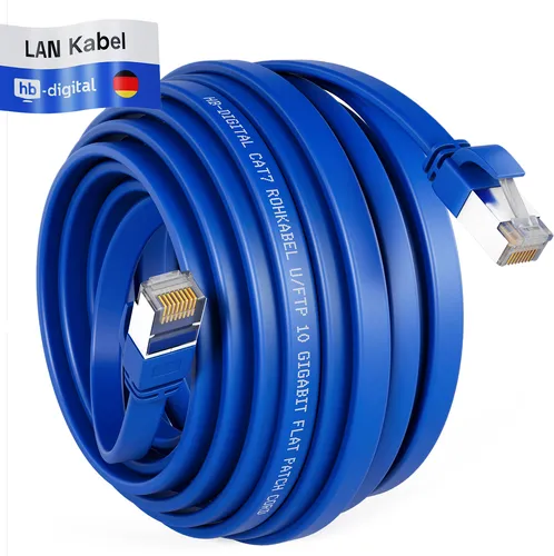 hb-digital Netzwerkkabel 20m LAN Kabel Cat7 Patch Kabel cat.7 Flachkabel RJ45 Kupfer bis zu 10 Gbit/s U/FTP PVC blau