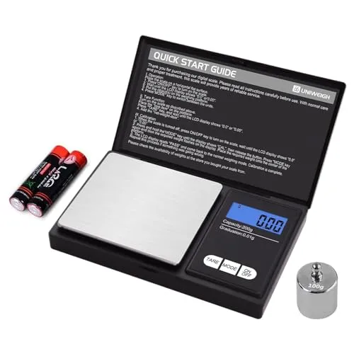 UNIWEIGH Digitale Grammwaage,200g 0.01g/0.001oz Gewichtswaage Gramm und Unze,Elektronische Smart Mini-Taschenwaage mit 100g Kalibrierungsgewicht,für Getreide,Gold,Schmuck,Strom,LCD