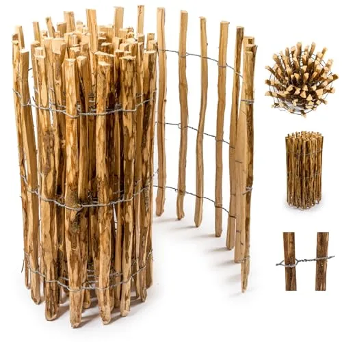 Floranica Staketenzaun aus Haselnuss Kastanie 1 laufender Meter x 90cm hoch 4-6cm Abstand Steckzaun Gartenzaun Rollzaun Hühnerzaun Holzzaun Garten zaun für draußen klein