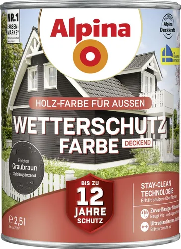 Alpina Wetterschutzfarbe 2,5 L graubraun - Lacke für außen, wetterfest und schützend für langlebige Farbwirkung auf Holz und Fassaden.