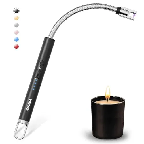 VEHHE Lichtbogen Feuerzeug Elektrisch, USB Aufladbares Elektro LED-Display Stabfeuerzeug Langer Flexibler Hals Geeignet für Küche,Kerzen,Gasherde,Grill Schwarz