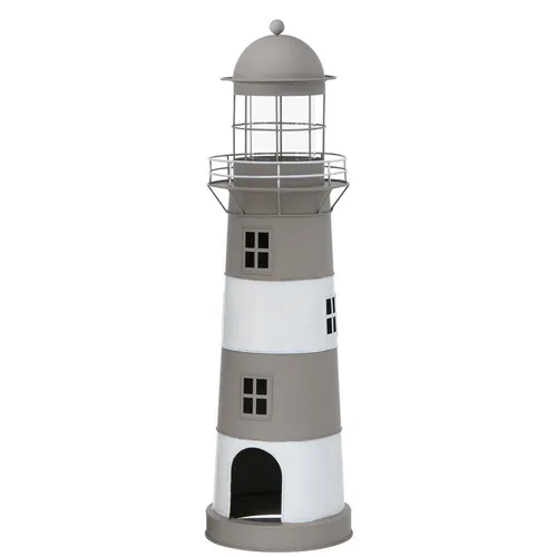 Laterne LONG ISLAND - Maritimes Windlicht in Grau-Braun-Weiß - Kerzenständer & Teelichthalter, freistehendes Leuchtturmdesign aus Metall, ideal für stimmungsvolle Beleuchtung in jedem Raum.