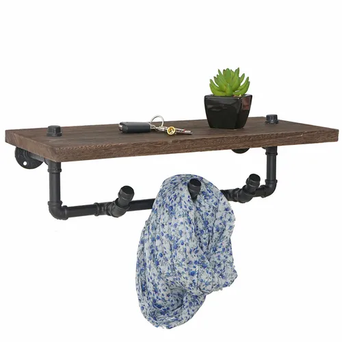 Wandgarderobe HWC-C45 - Industriedesign mit Ablage - Garderobe im modernen Industriedesign, mit 1 Ablagefach aus massivem Paulowniaholz und 3 stabilen Haken. Ideal für Kleidung und Wohnaccessoires, bereichert jeden Raum.