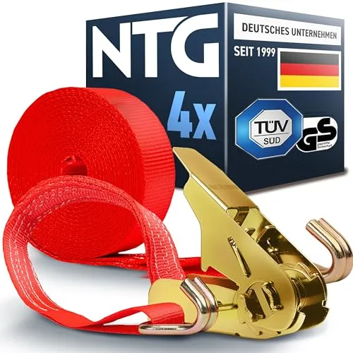 Spanngurte mit Ratsche (4 Stück) TÜV/GS geprüft | 800 kg 6m | zweiteilig mit Haken | Ratschengurt | Zurrgurte | 25mm | 0,8 T | 6 Meter