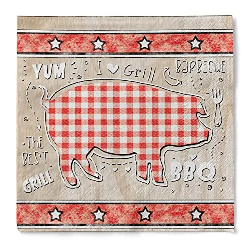 Sovie HOME Serviette BBQ aus 3-lagigem Tissue, 33 x 33 cm, 1/4 Falz, 20 Stück, Kuh Schwein Fisch Huhn Motiv, Rot Beige, dekorativ, Einweg, Grillparty